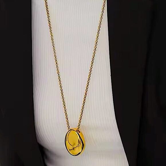 Gold Minimalist Long Oval Sweater Necklace Stainless Steel Pendant Waterproof - Picture 3 of 8